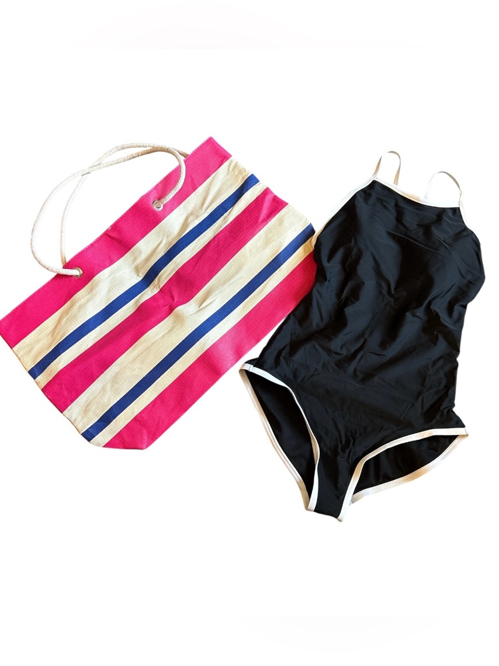 Shade & Shore Black Swimsuit with White Trim and colorful stripped bag